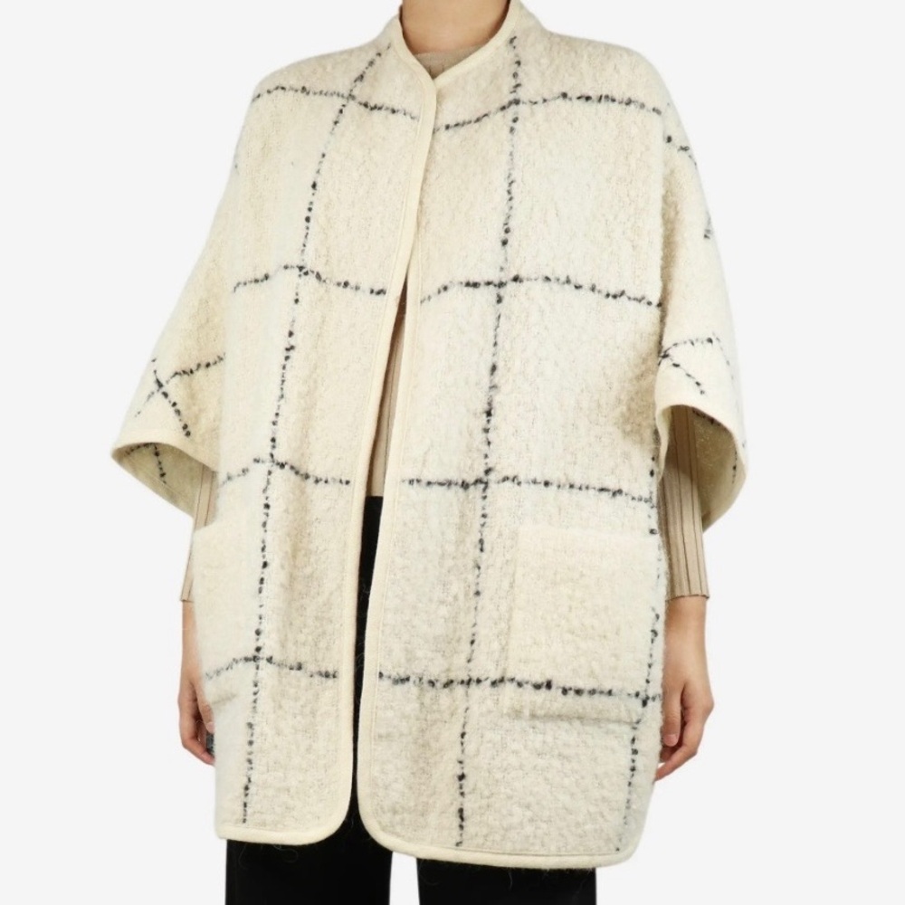 AKRIS PUNTO- Cream Checkered wool poncho Size: 4 - Picture 2 of 7